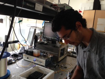 Adrian in the lab to test some fiber optic biosensors.